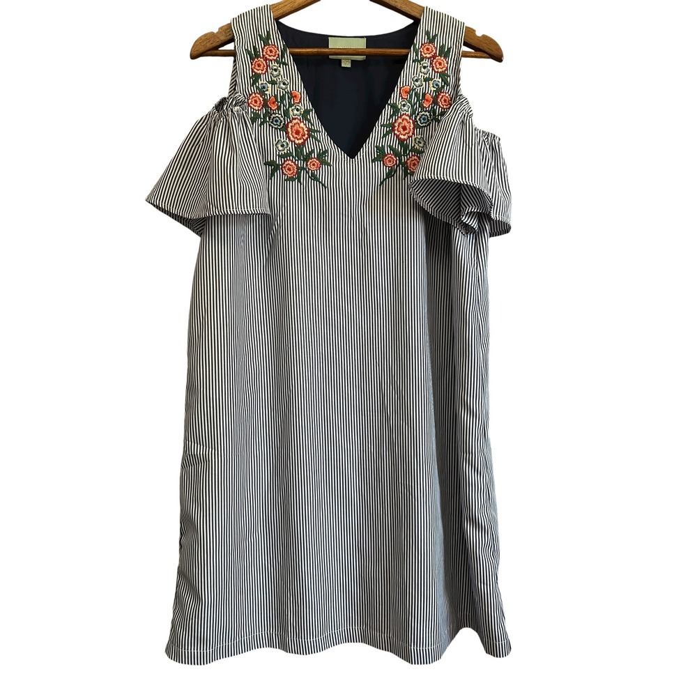 Skies Are Blue Dress Striped Embroidered Cold Shoulder Ruffle Women's
